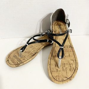 Report Cinda Faux Leather Faux Cork Thong Sandals Heel Back Adjust Ankle Straps